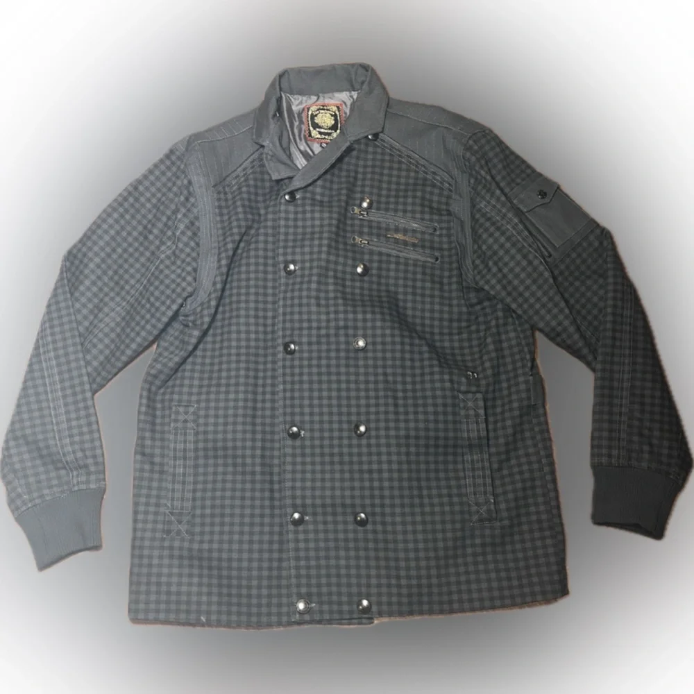 Live Mechanics Canvas Checked Plaid Gray Streetwear Moto Grunge Stud Coat 2XL